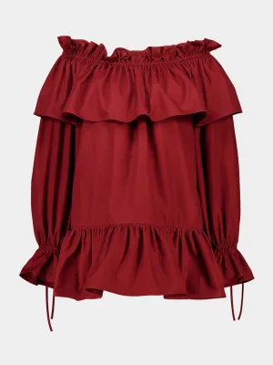 Bordeaux Off-the-Shoulder Ruffled Cotton Twill Dress