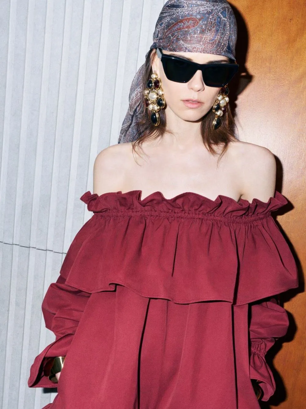 Bordeaux Off-the-Shoulder Ruffled Cotton Twill Dress