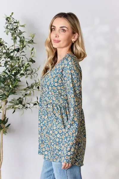 Brook Full Size Floral Half Button Long Sleeve Blouse