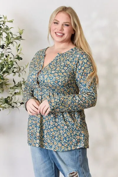 Brook Full Size Floral Half Button Long Sleeve Blouse