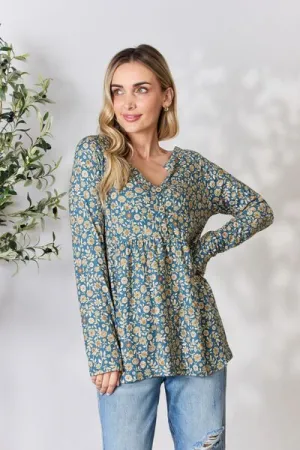 Brook Full Size Floral Half Button Long Sleeve Blouse