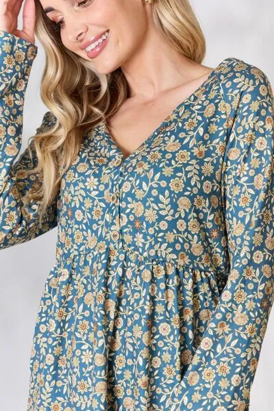 Brook Full Size Floral Half Button Long Sleeve Blouse
