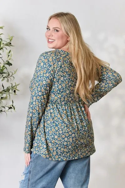 Brook Full Size Floral Half Button Long Sleeve Blouse