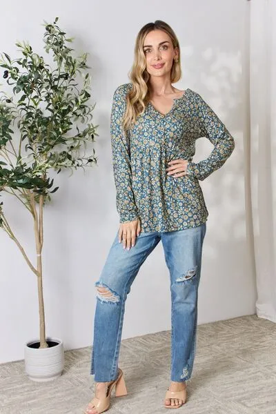 Brook Full Size Floral Half Button Long Sleeve Blouse