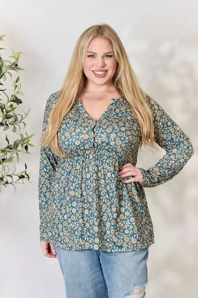 Brook Full Size Floral Half Button Long Sleeve Blouse