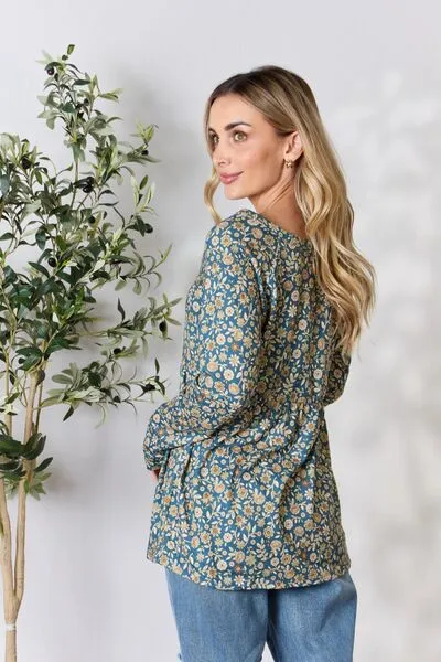 Brook Full Size Floral Half Button Long Sleeve Blouse