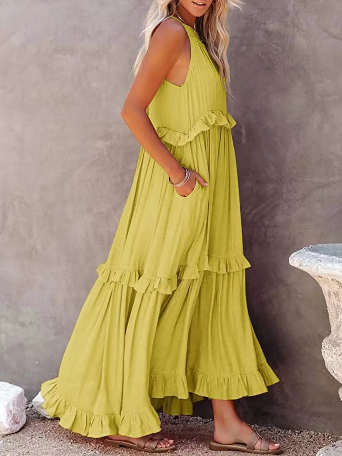 Carmelina Ruffled Sleeveless Maxi Dress with Pockets