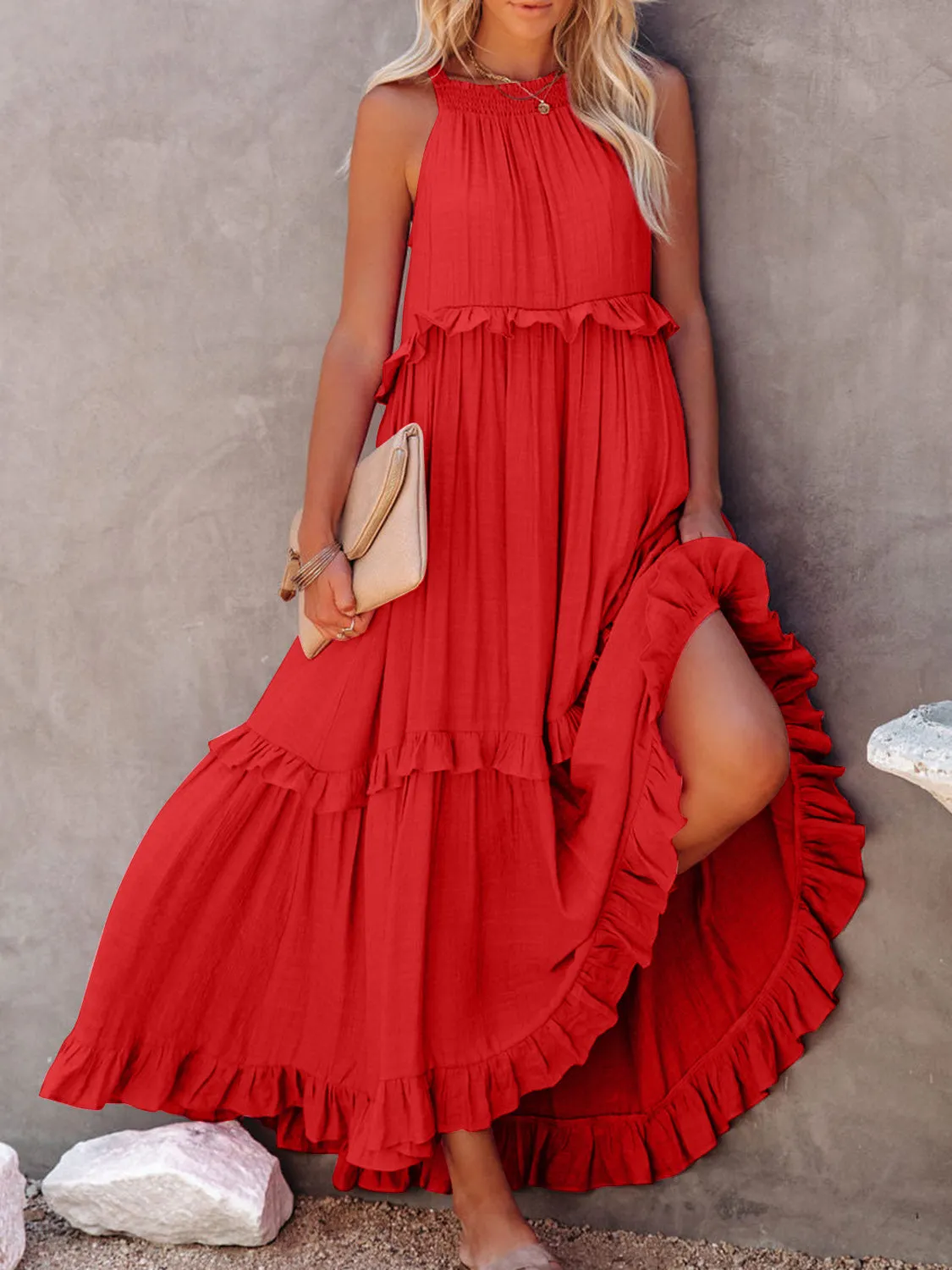 Carmelina Ruffled Sleeveless Maxi Dress with Pockets