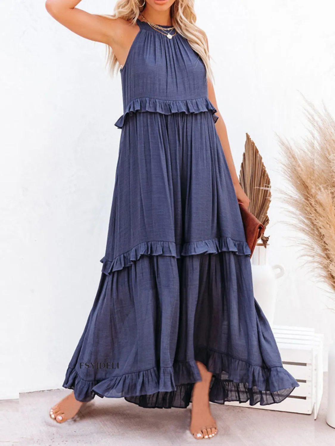 Carmelina Ruffled Sleeveless Maxi Dress with Pockets