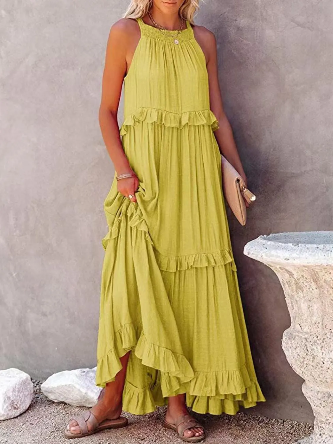 Carmelina Ruffled Sleeveless Maxi Dress with Pockets