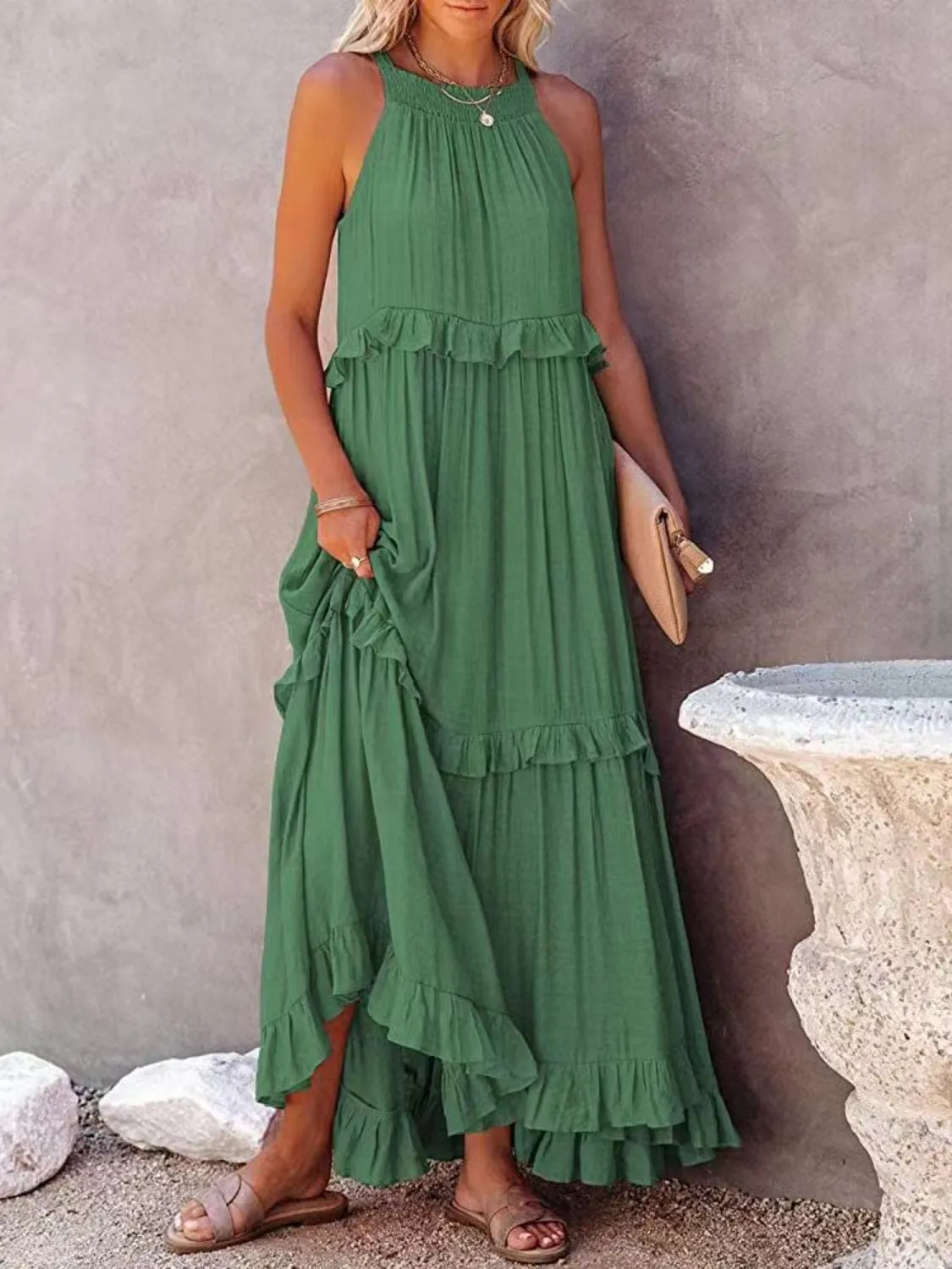 Carmelina Ruffled Sleeveless Maxi Dress with Pockets