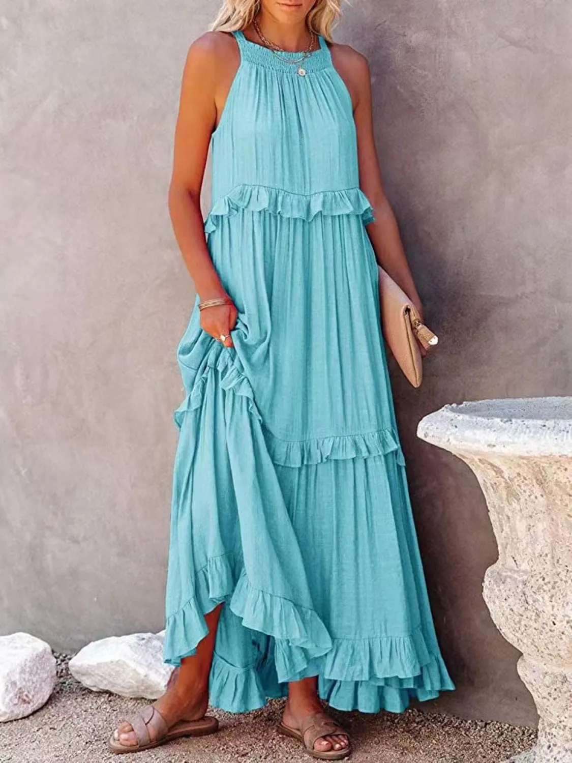 Carmelina Ruffled Sleeveless Maxi Dress with Pockets