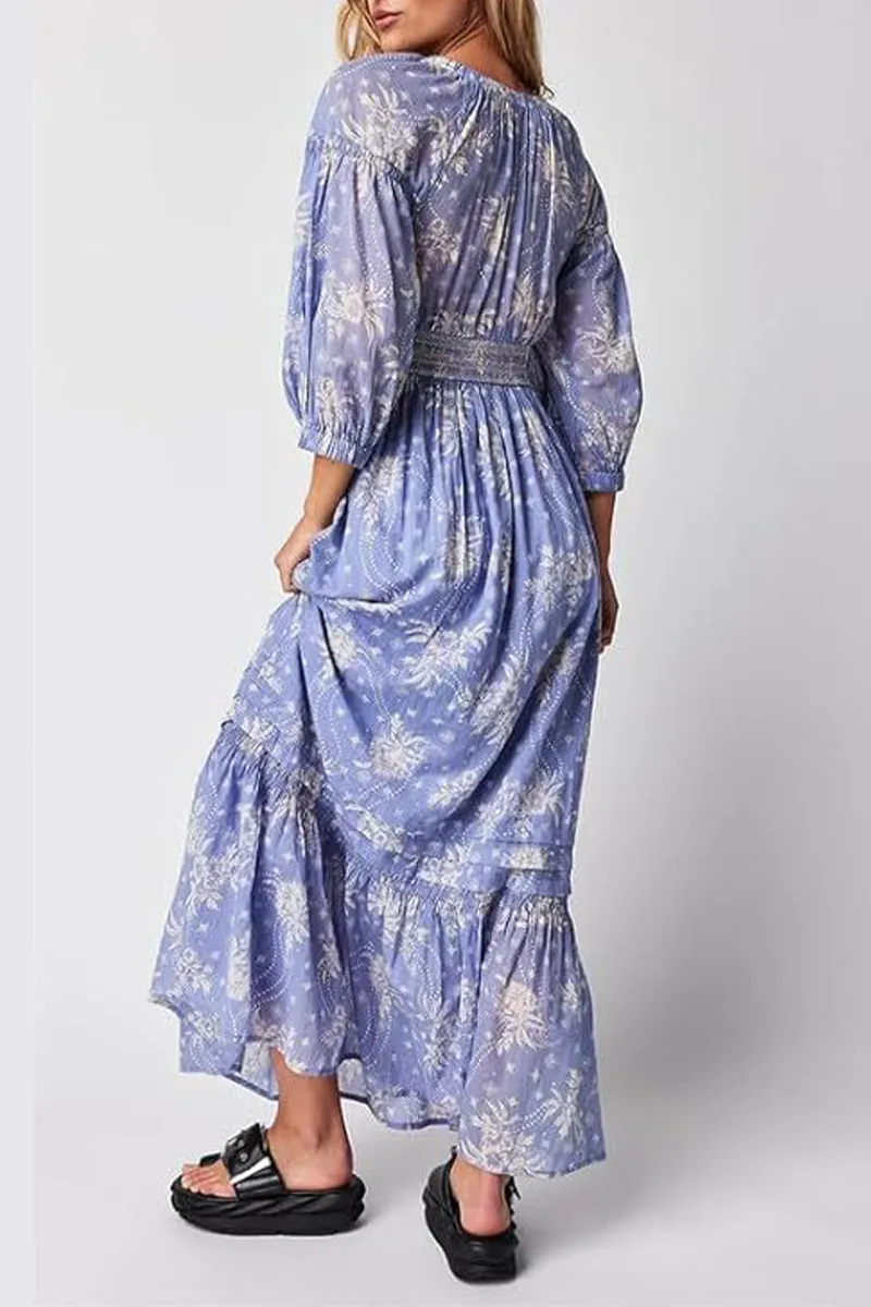 Casual College Floral Patchwork V Neck A Line Dresses(8 Colors)