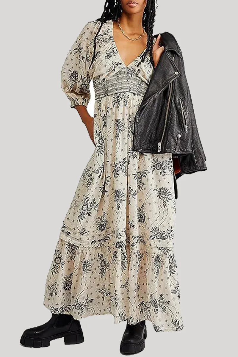 Casual College Floral Patchwork V Neck A Line Dresses(8 Colors)