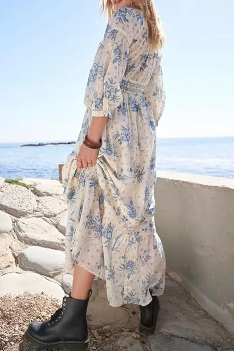 Casual College Floral Patchwork V Neck A Line Dresses(8 Colors)