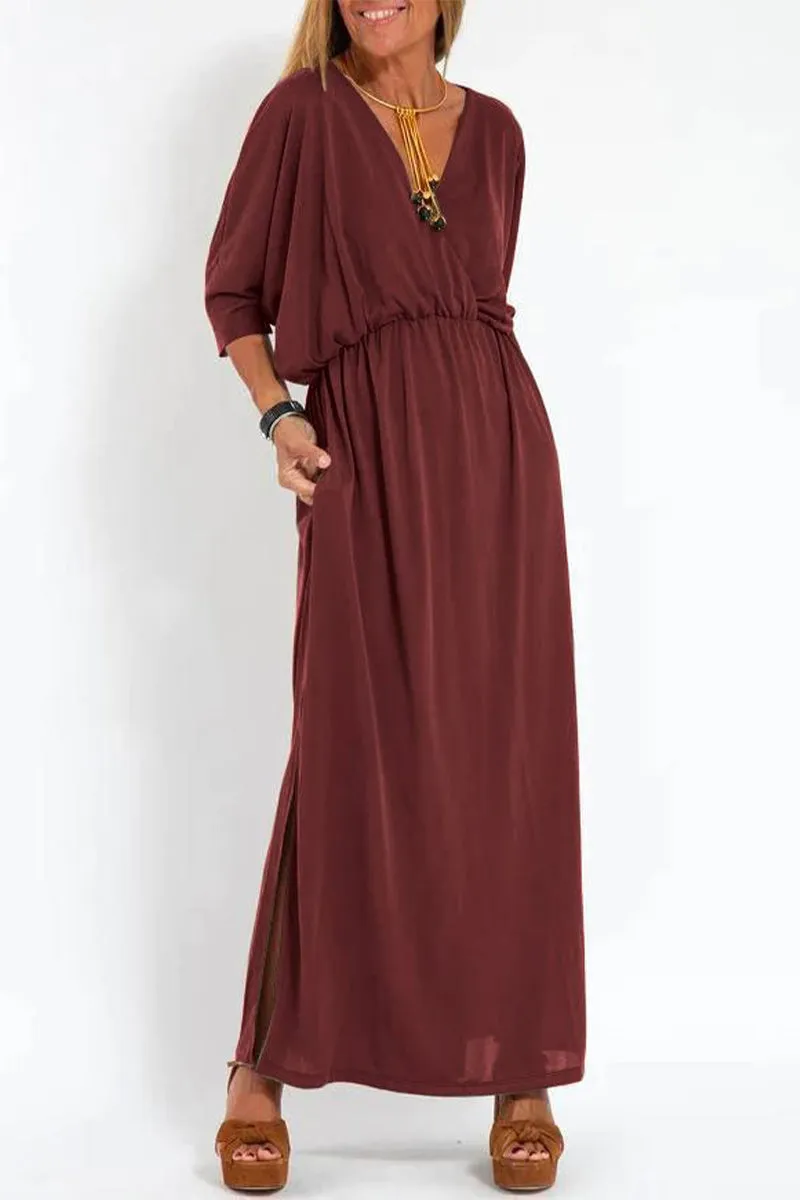 Casual Simplicity Solid Pocket Slit V Neck One Step Skirt Dresses