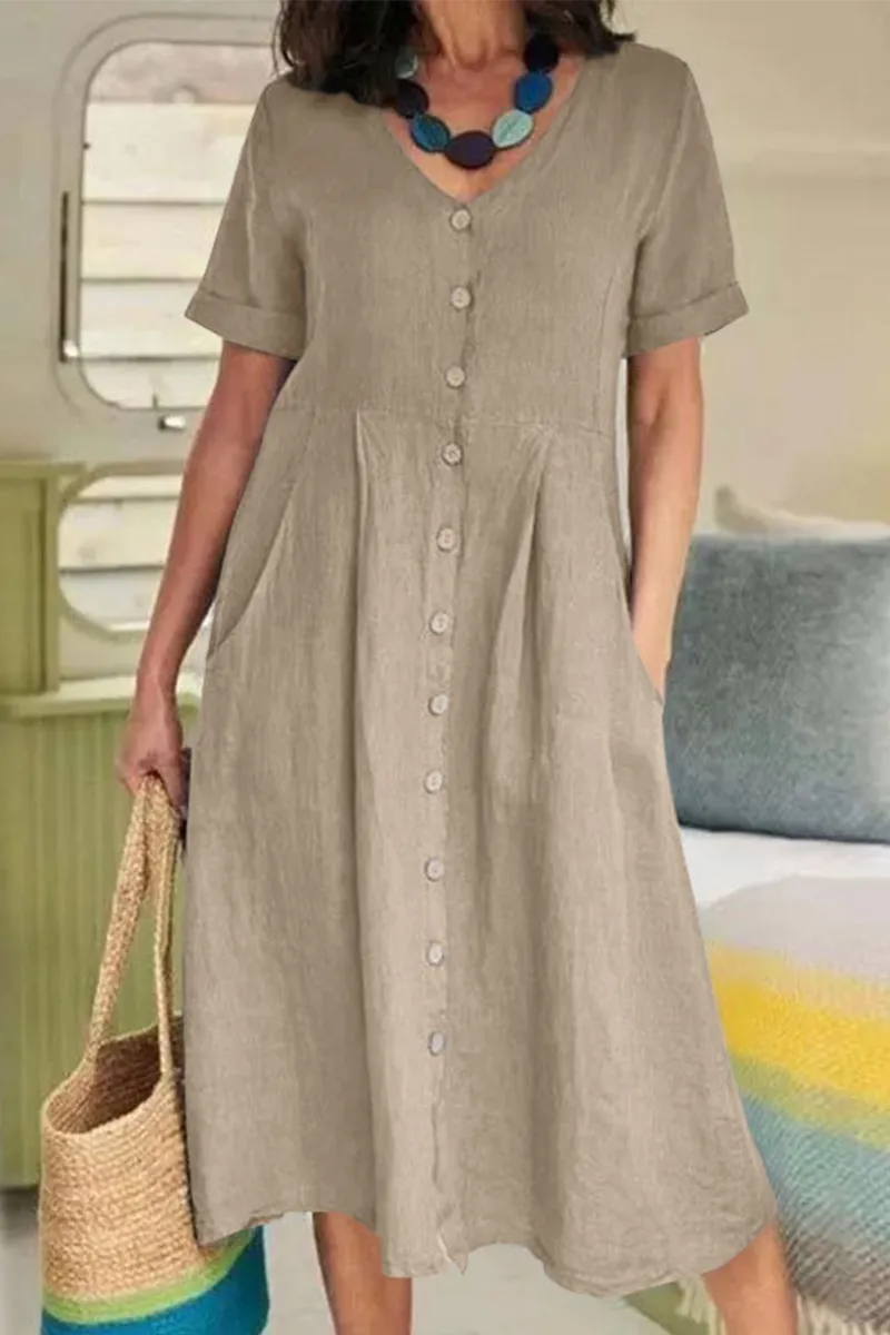 Casual Solid Buckle V Neck Straight Dresses(5 Colors)