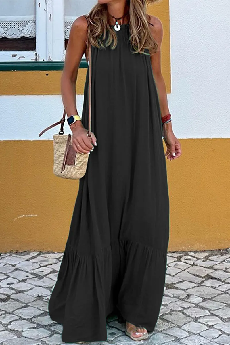 Casual Solid Patchwork O Neck Sleeveless Dresses(3 Colors)
