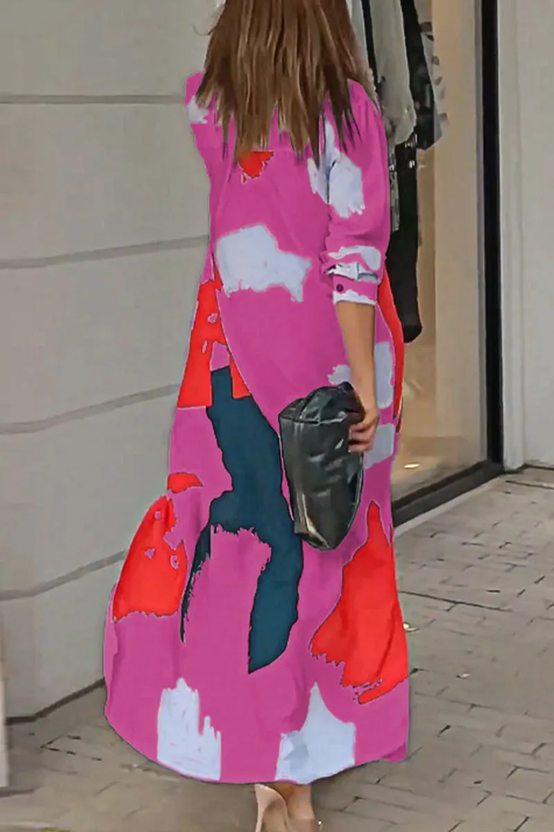 Casual Street Geometric Printing Turndown Collar Shirt Dresses(9 Colors)