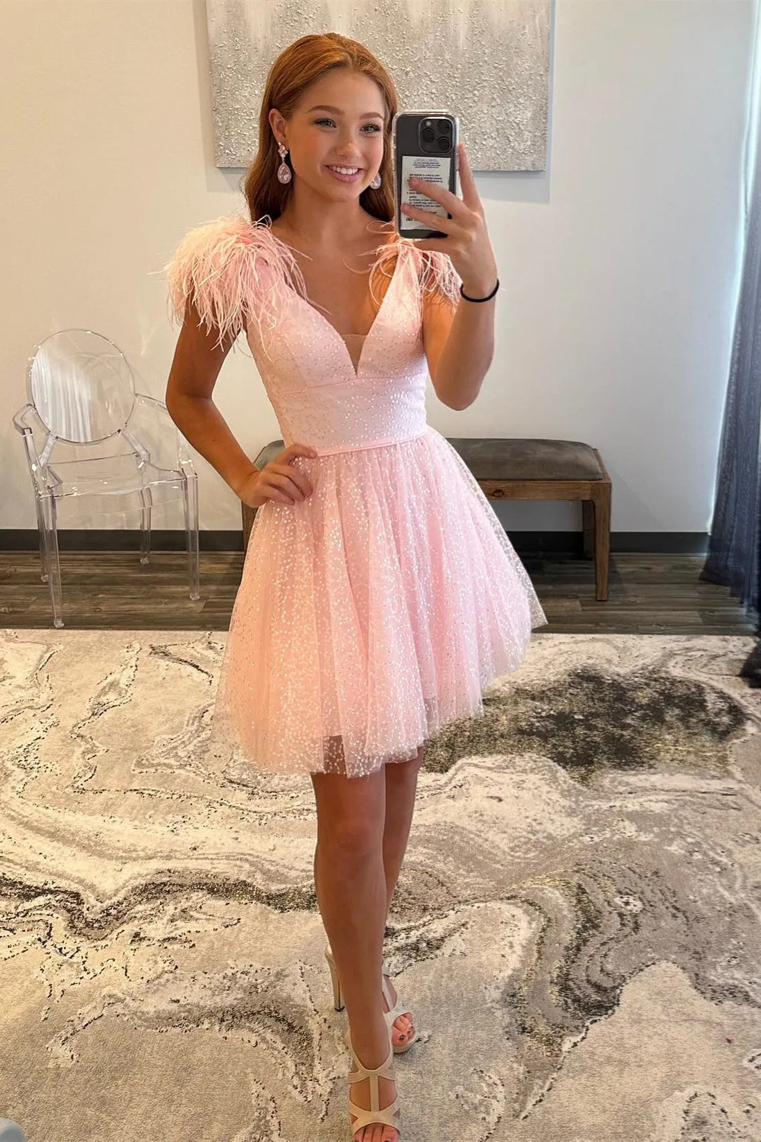 Catherine |A-line Deep V Neck Tulle Homecoming Dress with Feathers