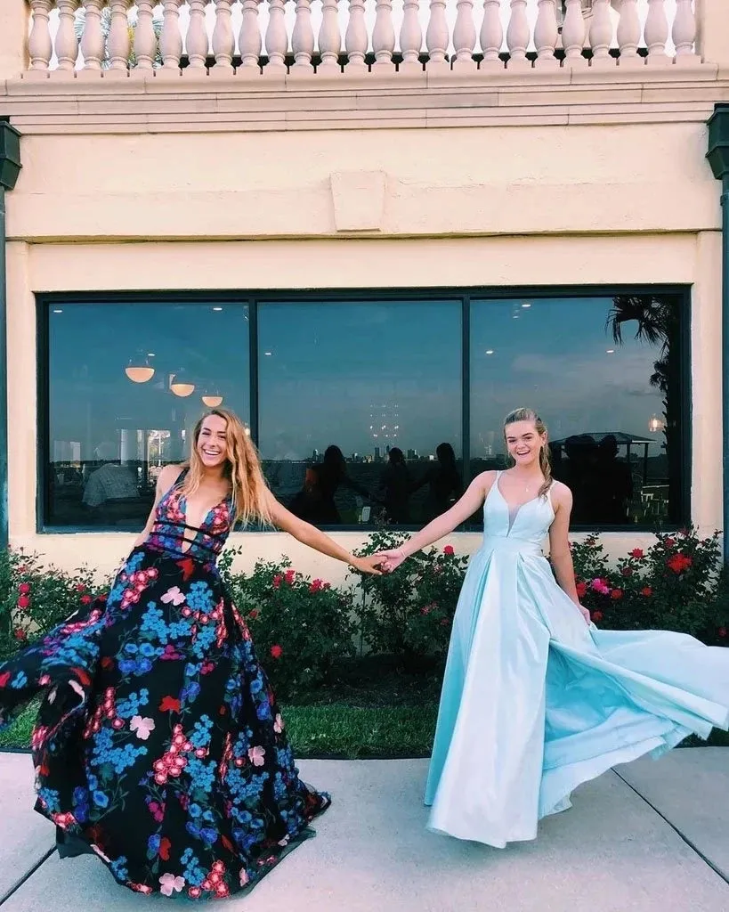 Charming A-line Spaghetti Straps Embroidery Long Prom Dress Evening Dress OKT29