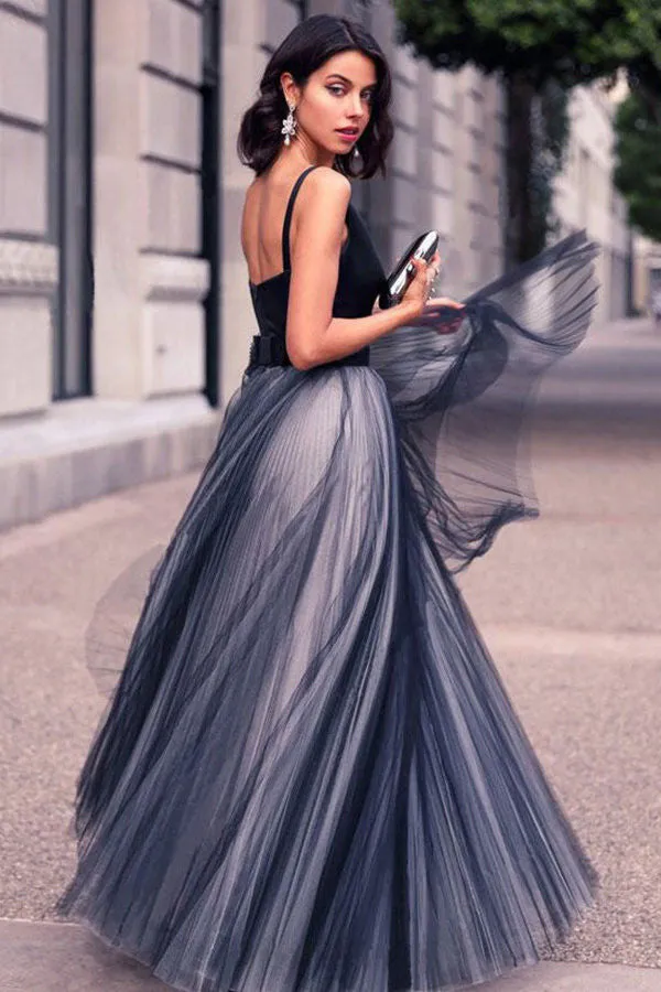 Charming V Neck Sleeveless Spaghetti Straps Navy Blue Ball Gown Prom Dresses OKG29