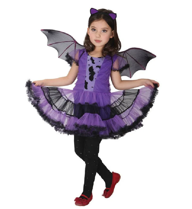 Christmas Fancy Masquerade Party Bat Girl Costume Children Cosplay Dance Dress Costumes for Kids Purple Clothing Lovely Dresses
