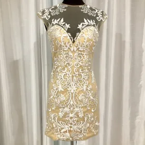 CLARISSE Nude & Ivory White Lace Sheer Neck Short Dress Size 4