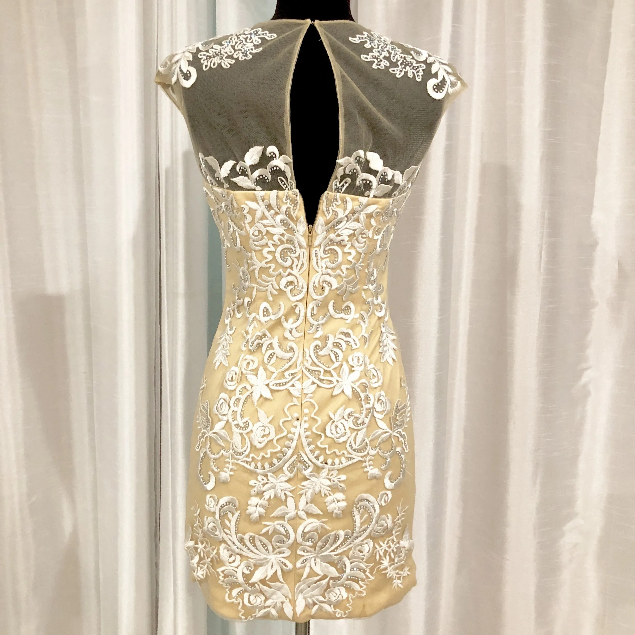 CLARISSE Nude & Ivory White Lace Sheer Neck Short Dress Size 4