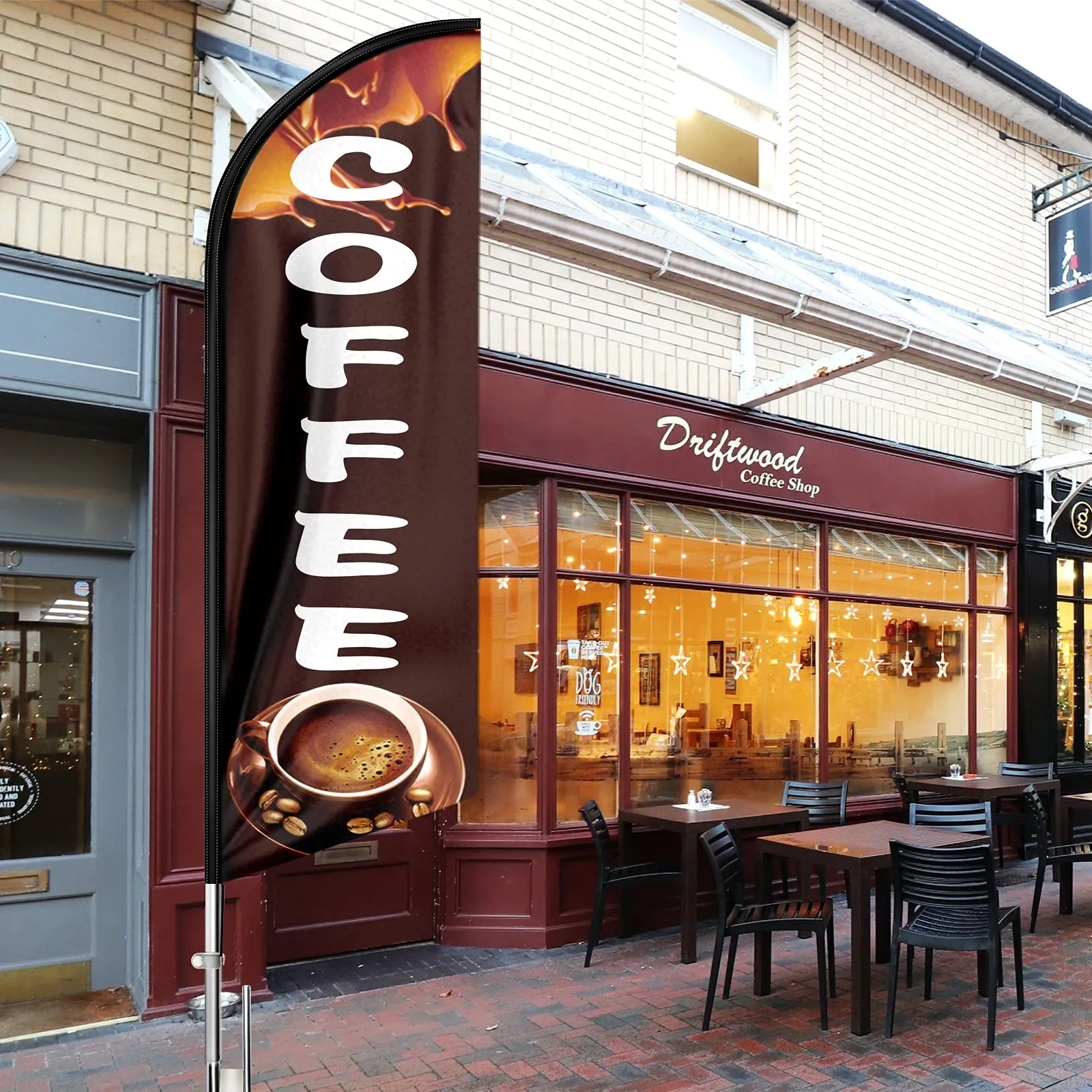 Coffee Flag, 11FT Windless Swooper Coffee Feather Flag Feather Banner with Aluminum Alloy Flagpole/Stainless Steel Ground Stake/Portable Bag, Coffee Flags for Business QSUM