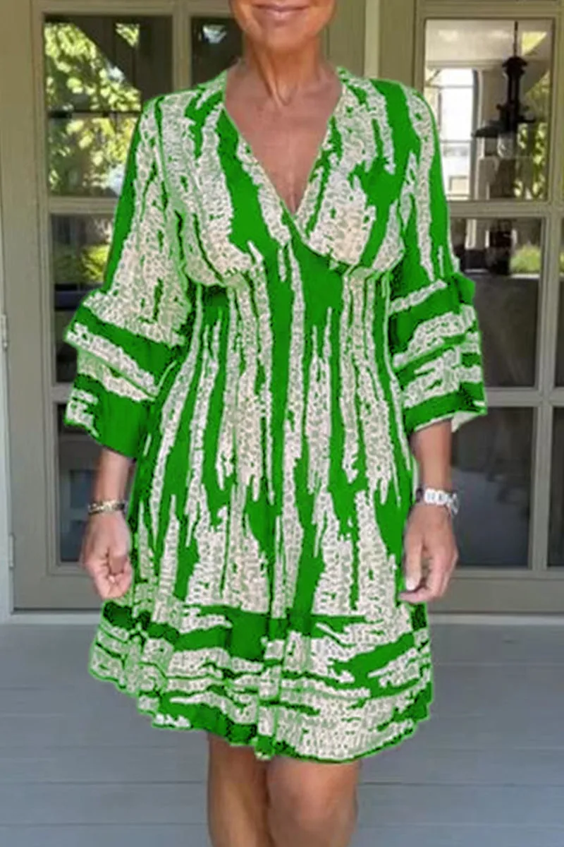 College Print Flounce V Neck A Line Dresses
