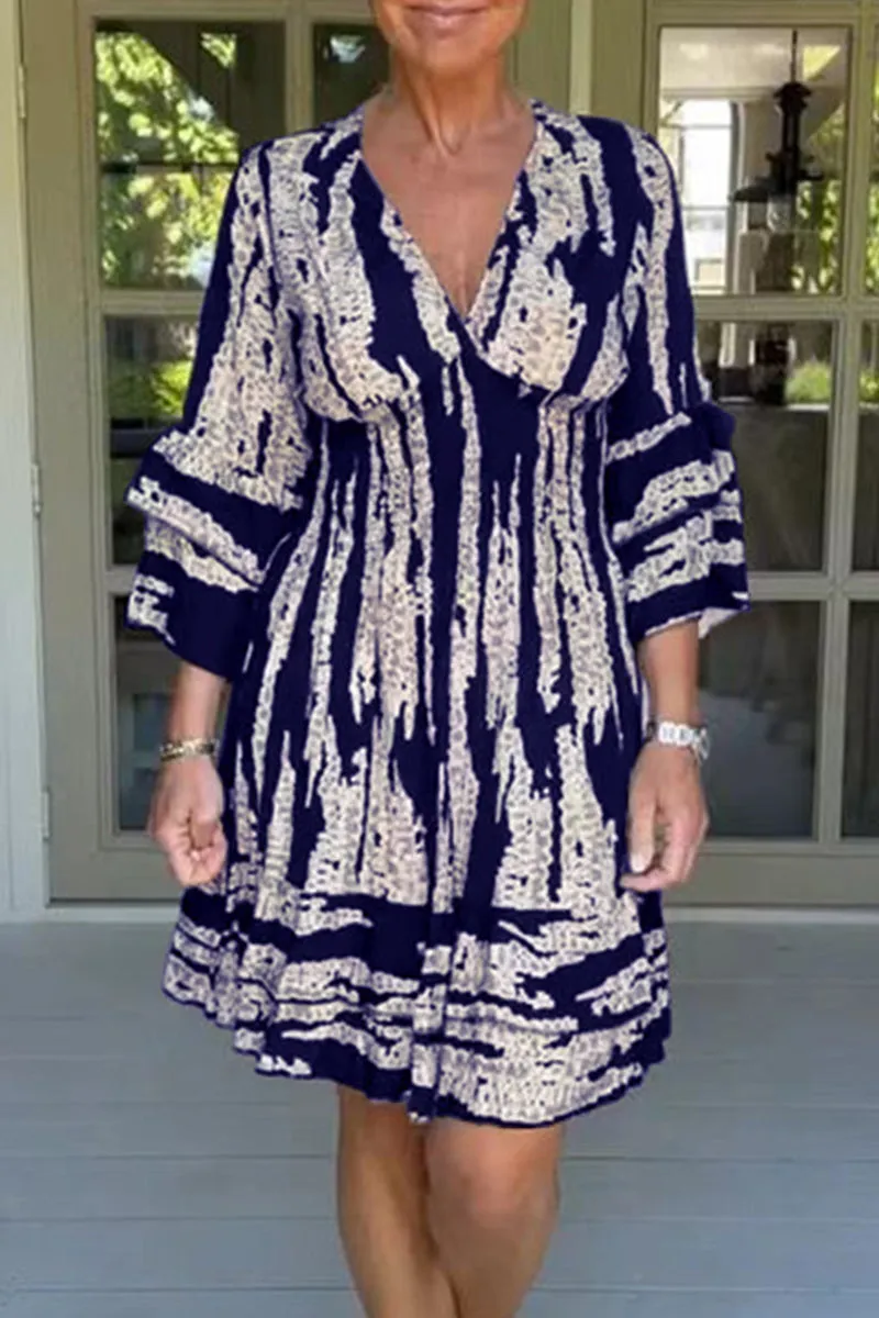 College Print Flounce V Neck A Line Dresses