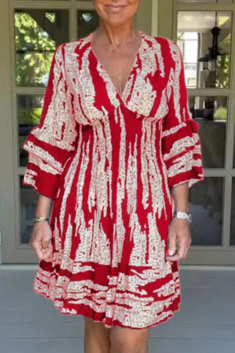 College Print Flounce V Neck A Line Dresses