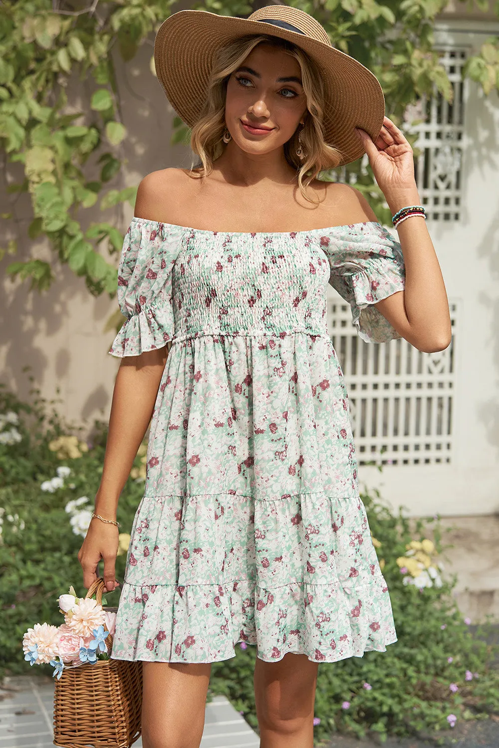 Connor Smocked Printed Flounce Sleeve Mini Dress