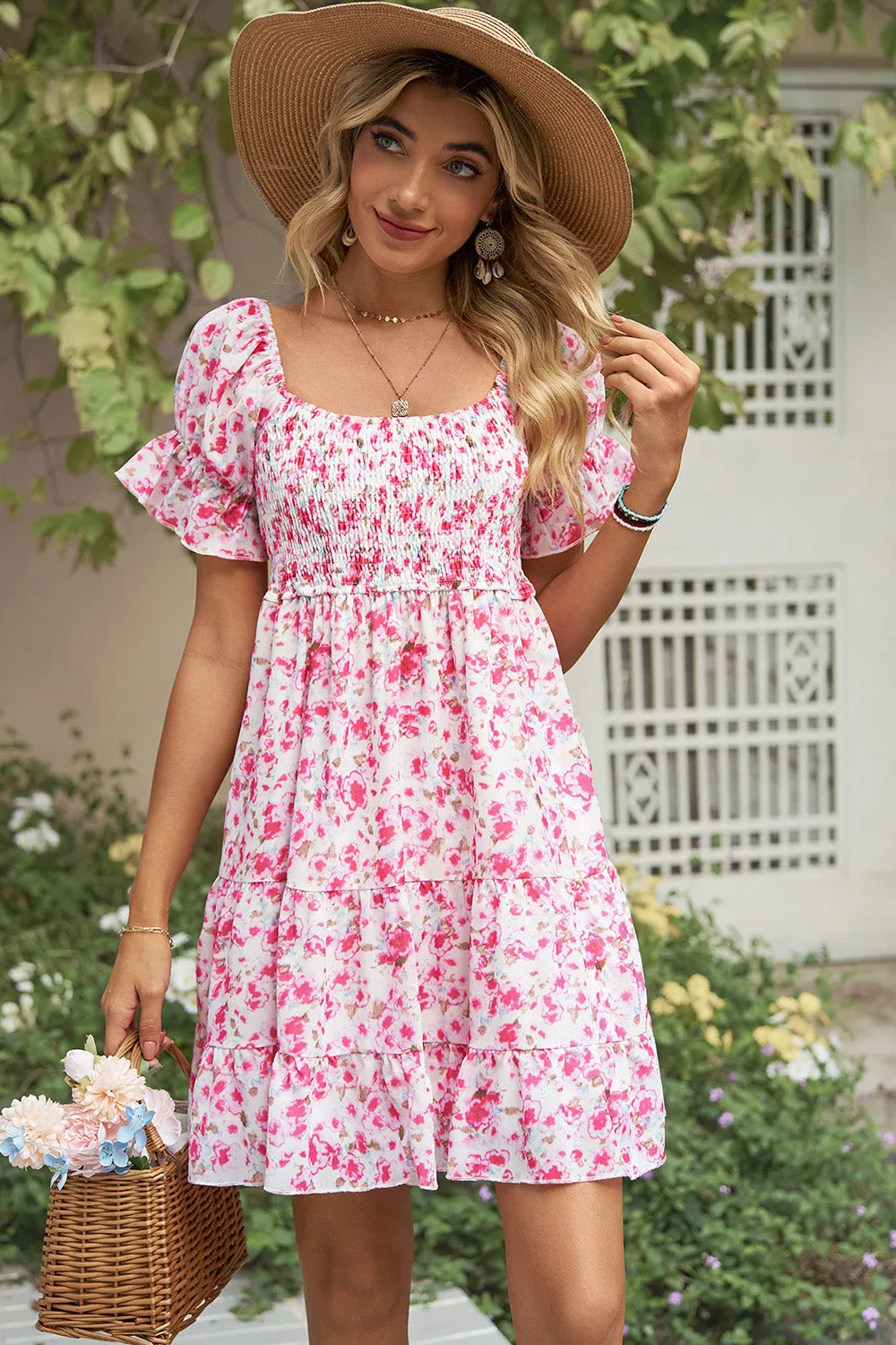 Connor Smocked Printed Flounce Sleeve Mini Dress