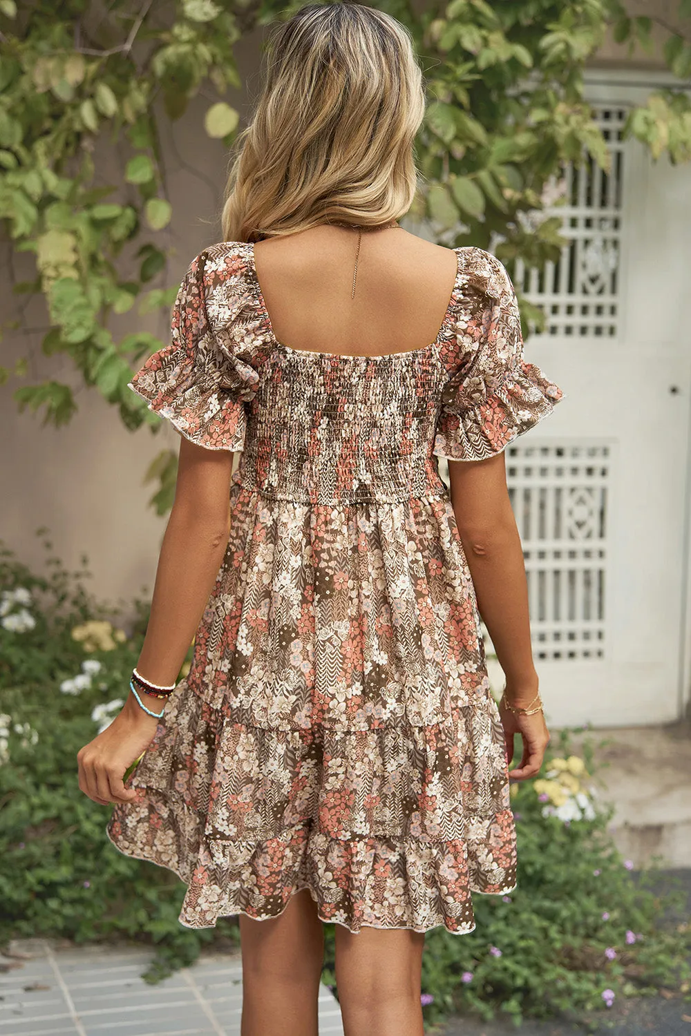 Connor Smocked Printed Flounce Sleeve Mini Dress