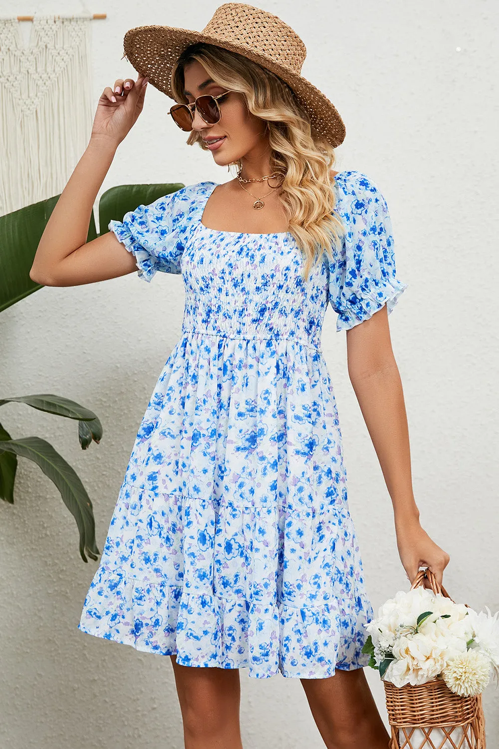 Connor Smocked Printed Flounce Sleeve Mini Dress