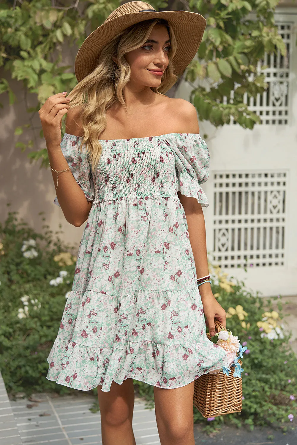 Connor Smocked Printed Flounce Sleeve Mini Dress