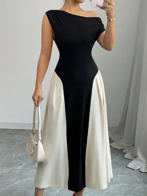 Contrast Single Shoulder Midi Dress