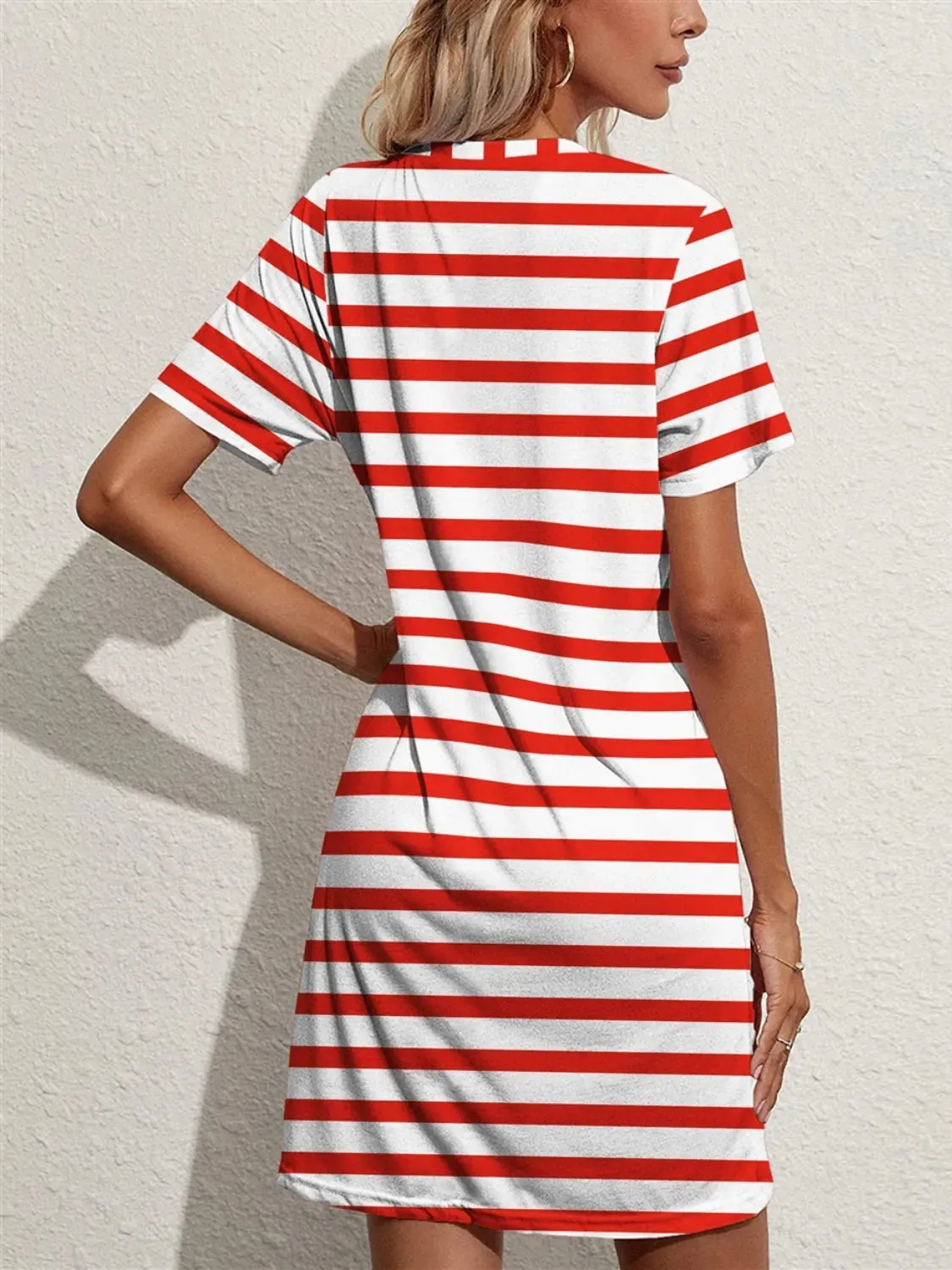 Contrast Striped Round Neck Short Sleeve Dress