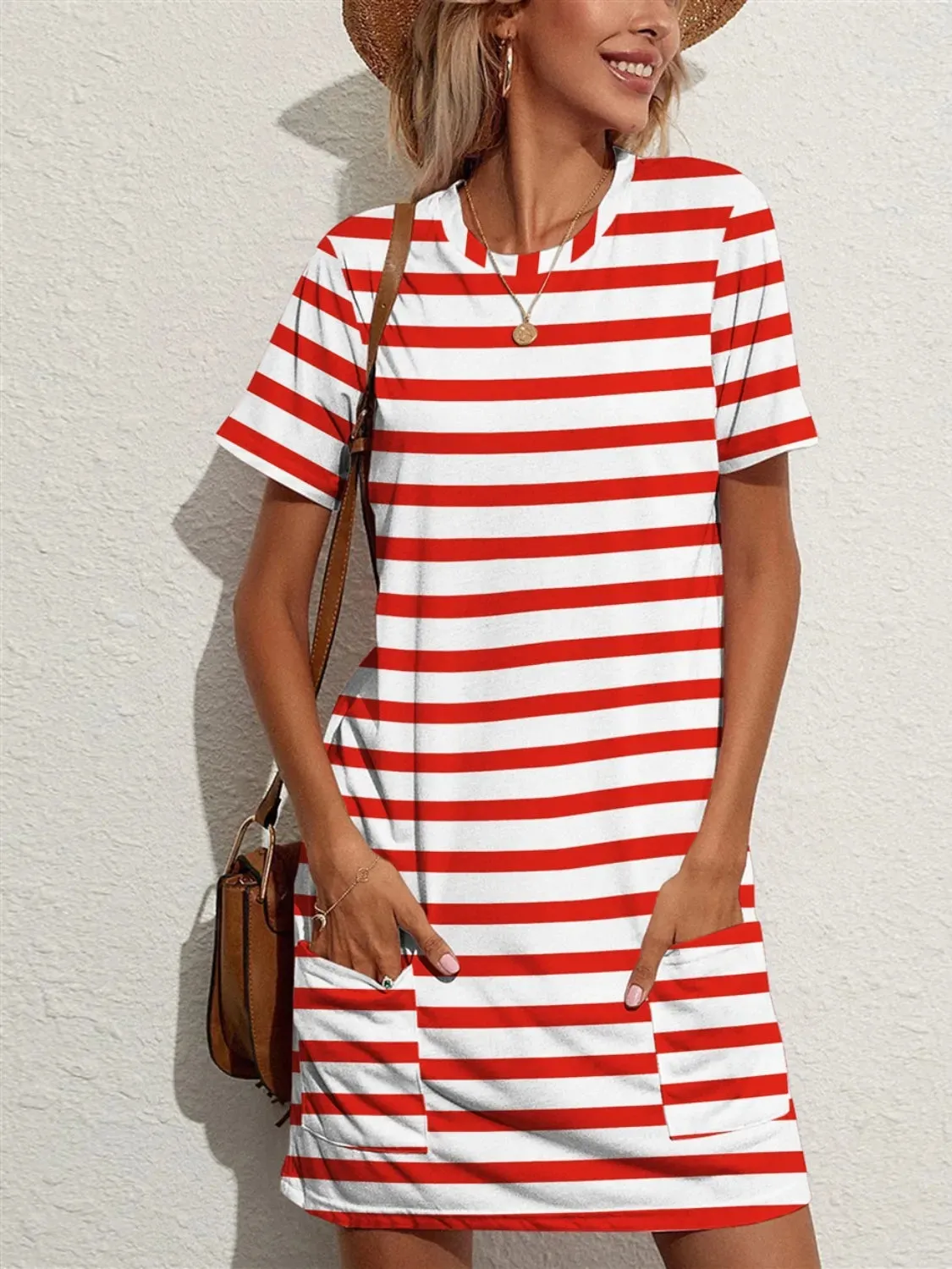 Contrast Striped Round Neck Short Sleeve Dress