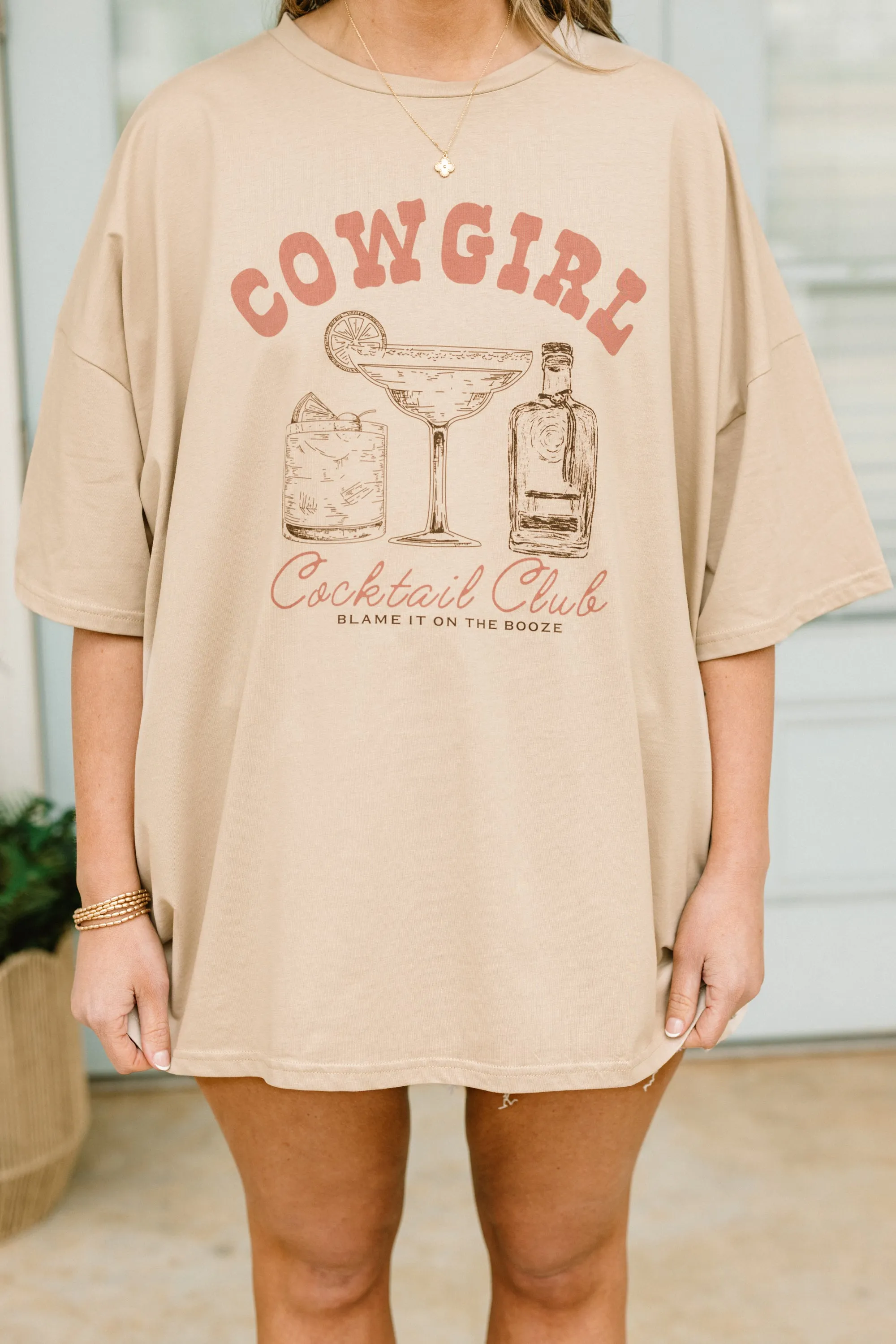Cowgirls and Cocktails Boyfriend Tee, Light Mocha