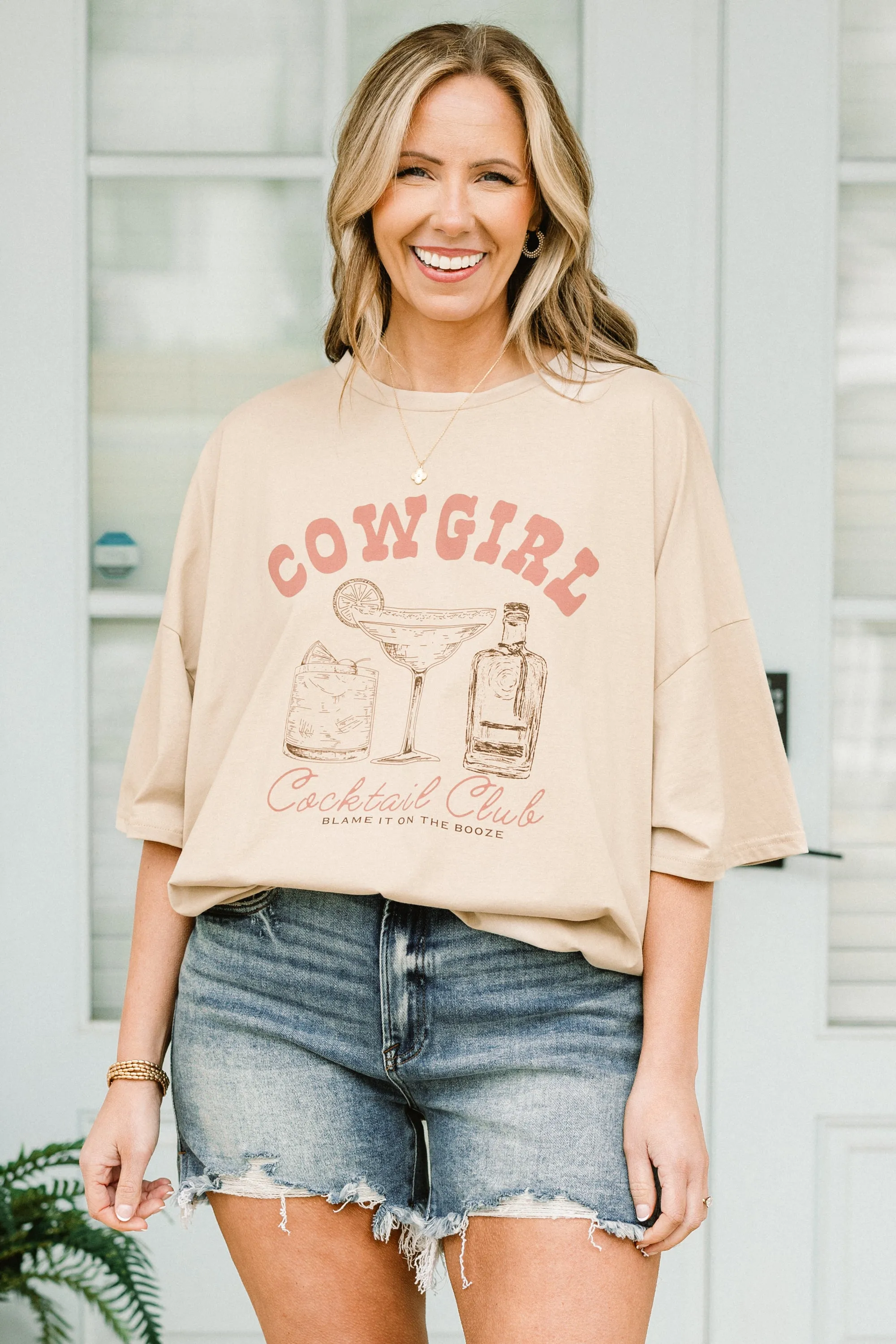Cowgirls and Cocktails Boyfriend Tee, Light Mocha