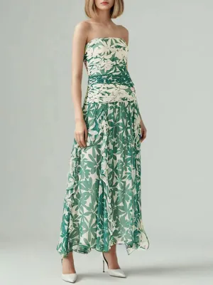 Cynthia Print Fold Irregular Flounce Sling Design Tube Top Dress
