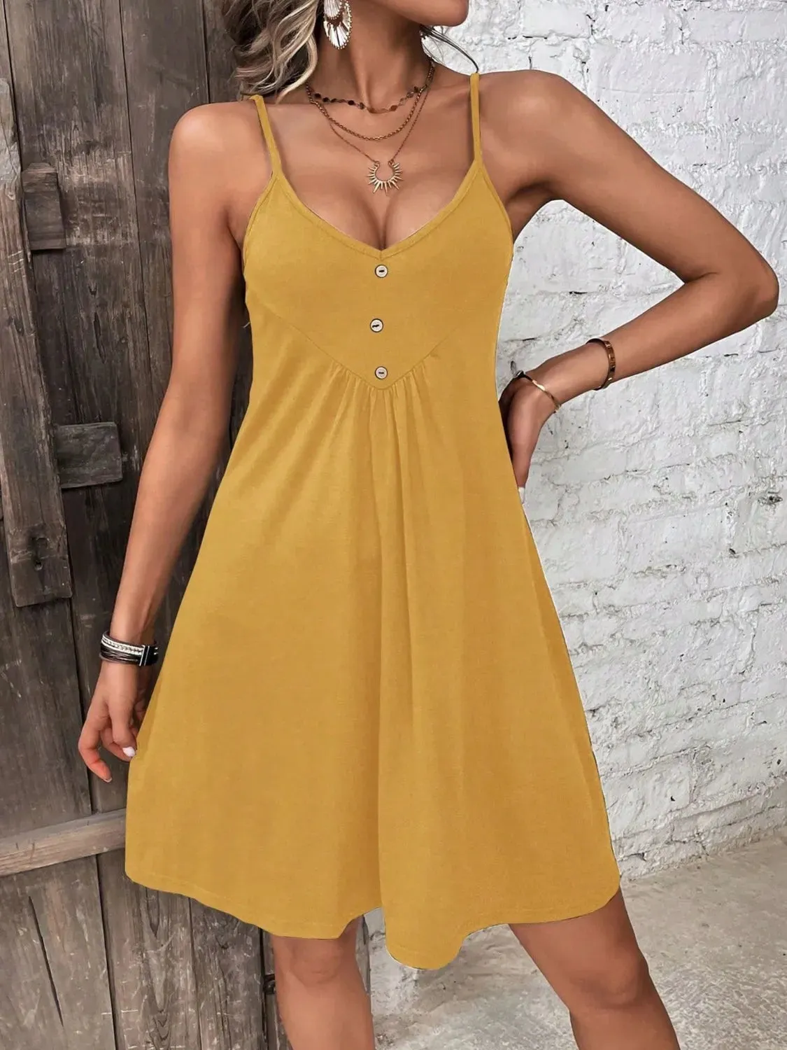 Decorative Button Scoop Neck Mini Cami Dress