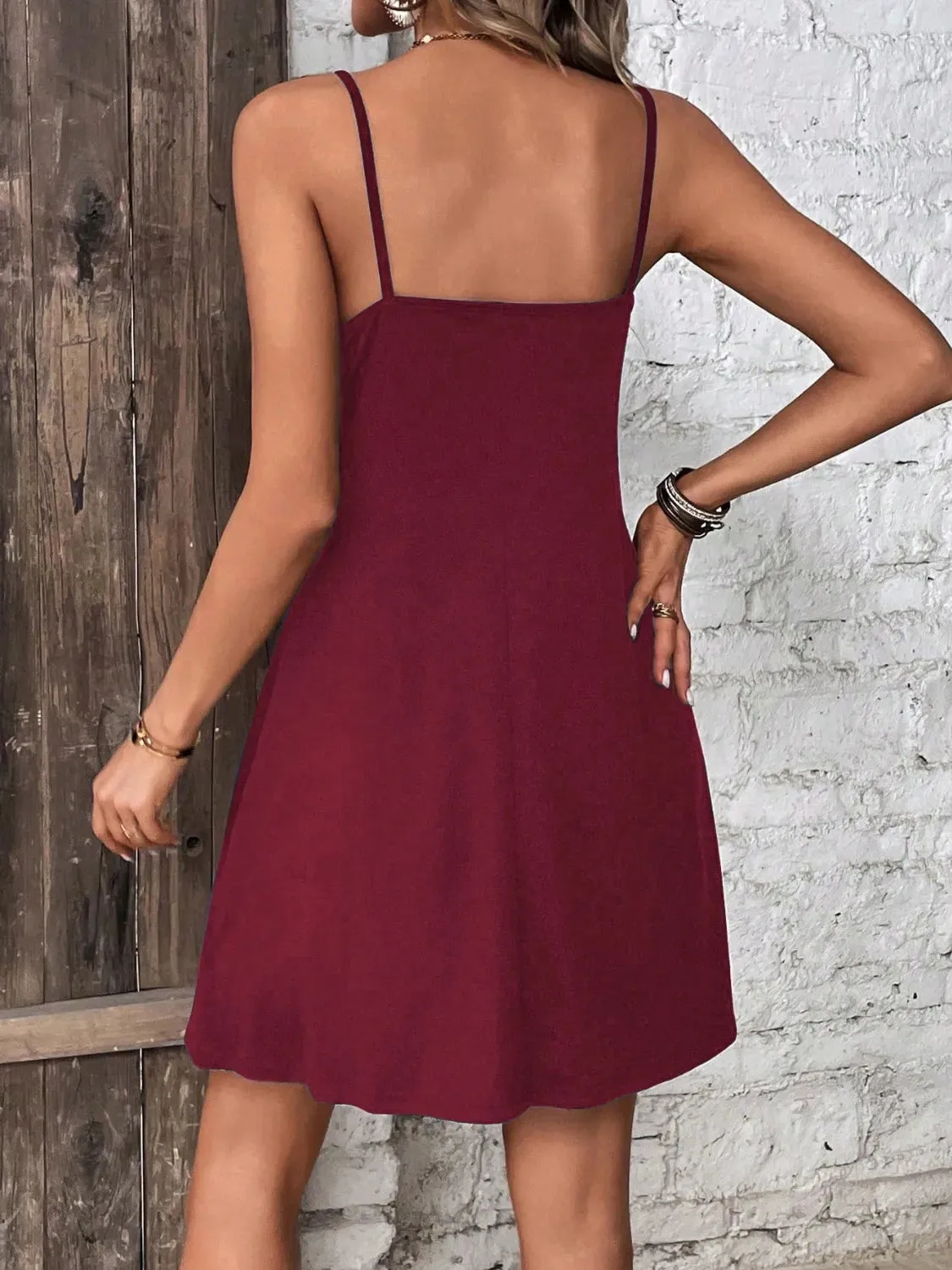 Decorative Button Scoop Neck Mini Cami Dress