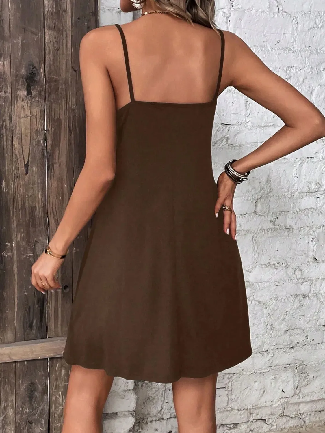 Decorative Button Scoop Neck Mini Cami Dress