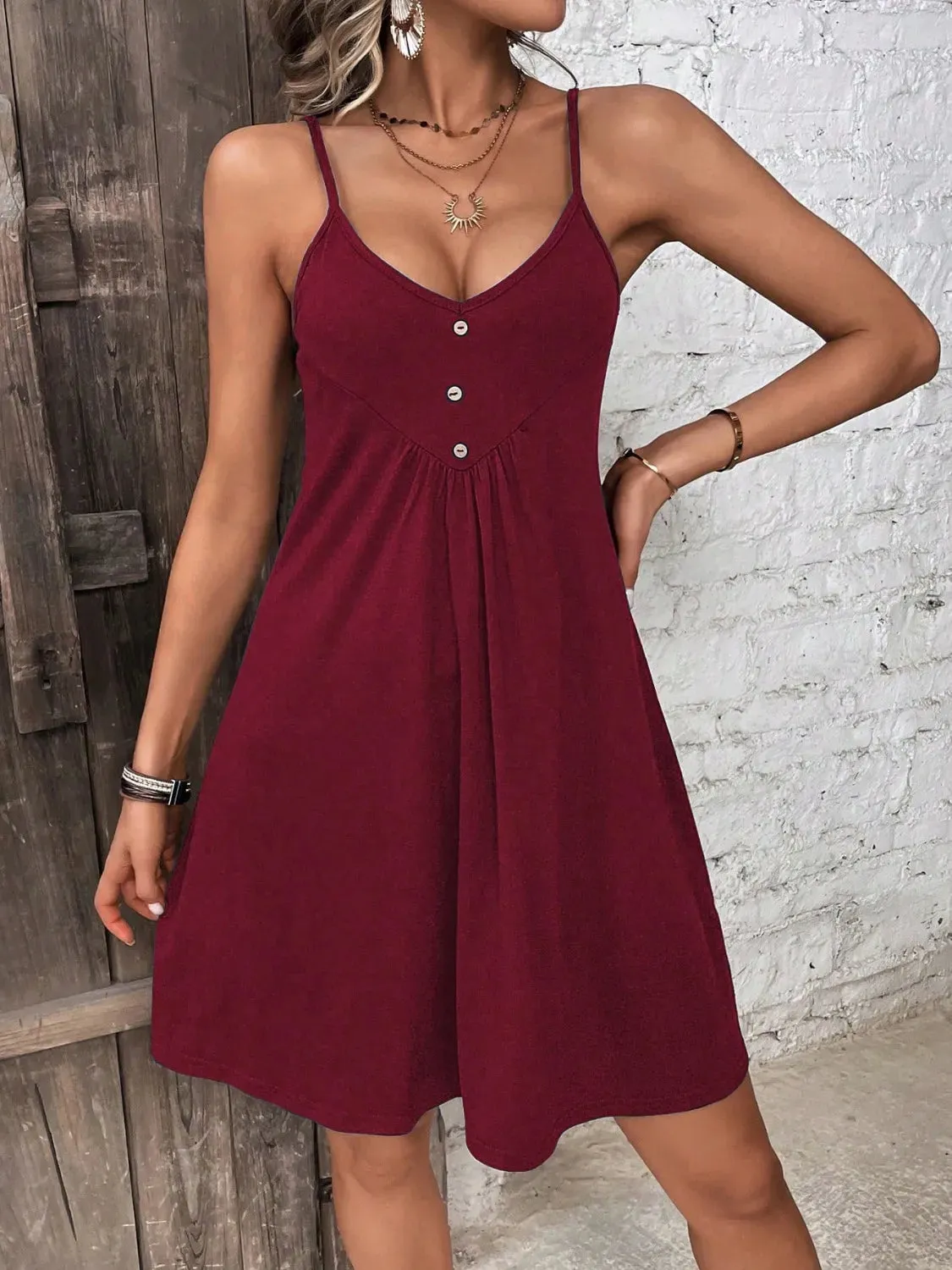 Decorative Button Scoop Neck Mini Cami Dress
