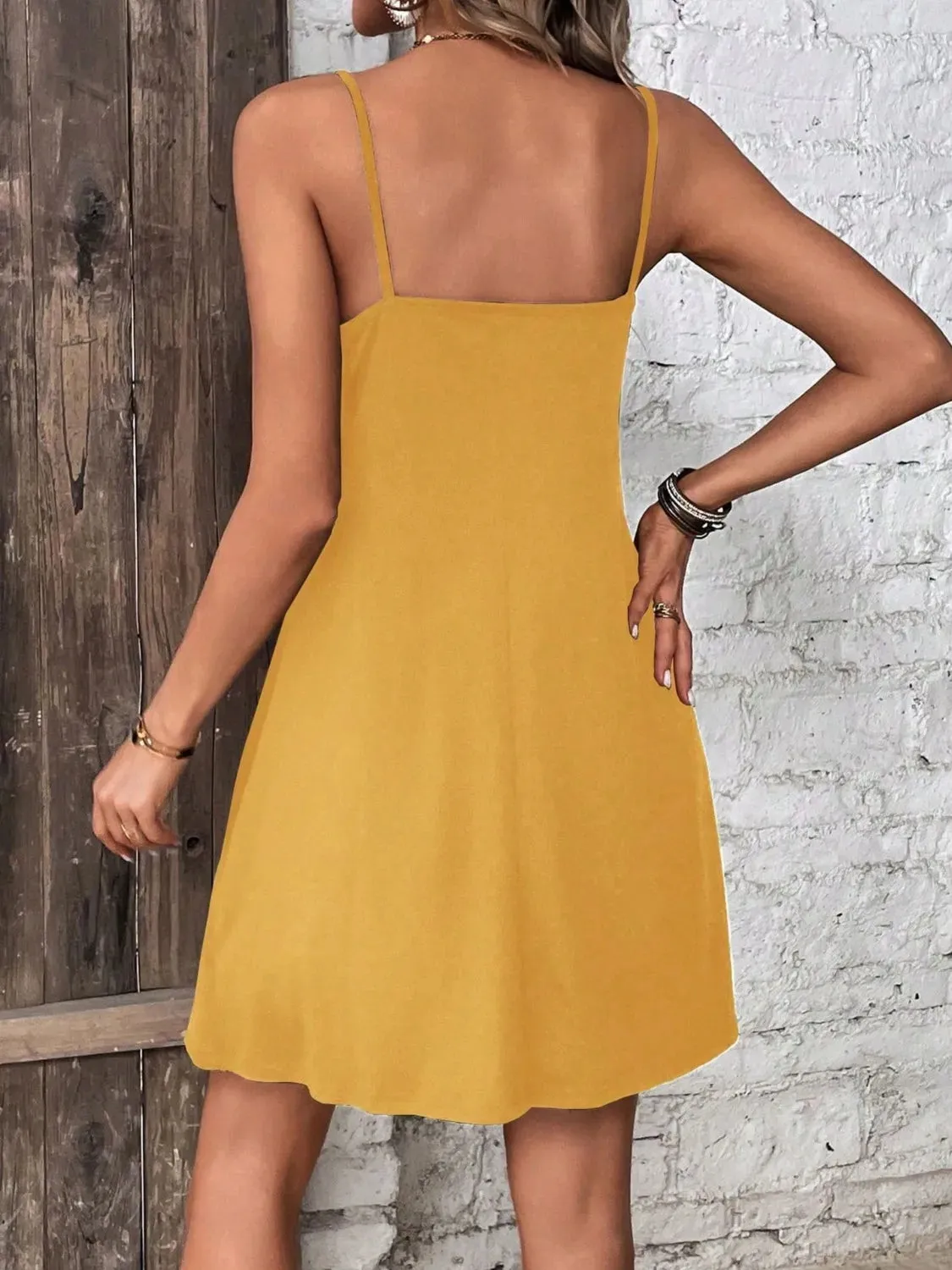 Decorative Button Scoop Neck Mini Cami Dress