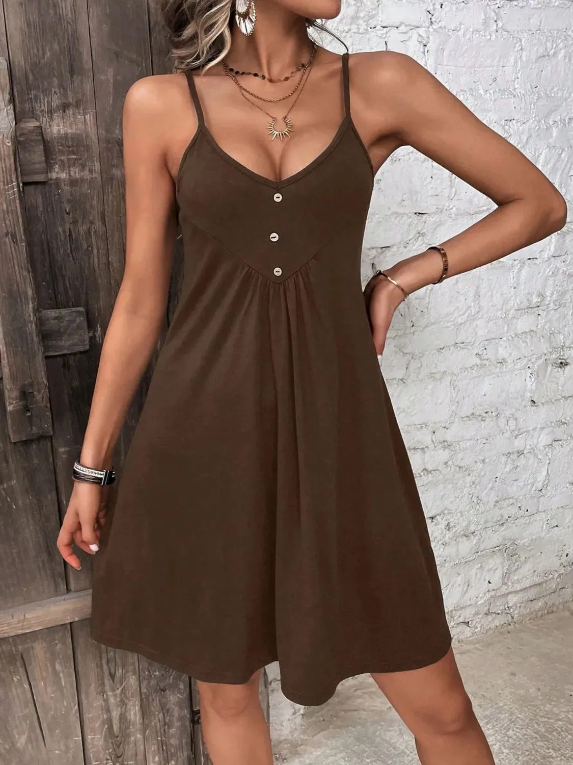 Decorative Button Scoop Neck Mini Cami Dress